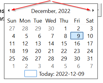Shows the calendar that appears when the arrow is clicked. Red arrows point to the clickable arrows to change the month shown.