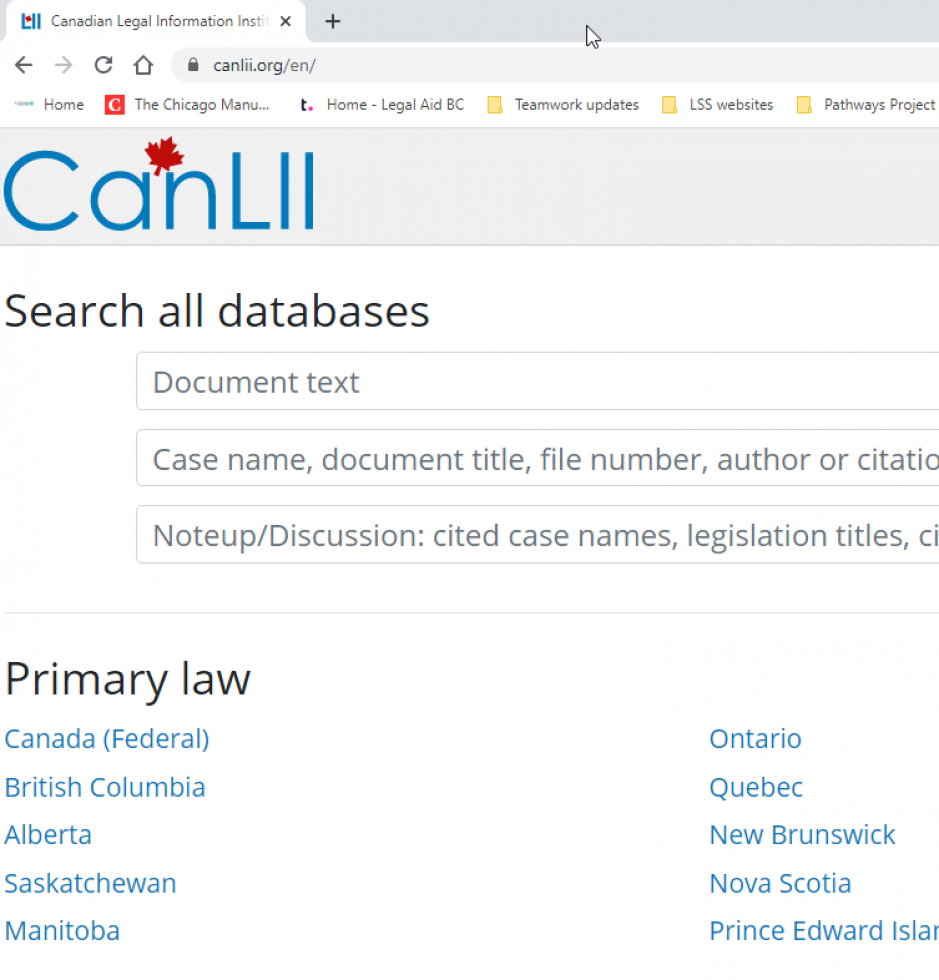 Screenshot of the CanLII primary law menu showing the names of the provinces, linked.