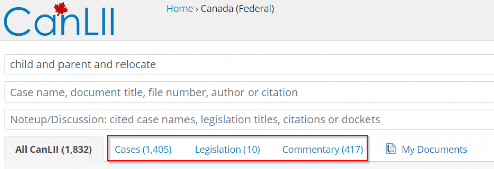 Screenshot of the CanLII search results header. The tabs for Cases, Legislation, and Commentary are boxed in red