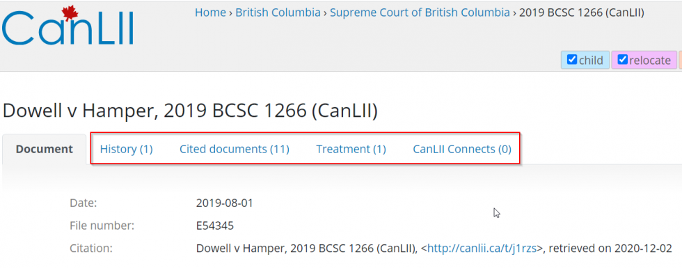 Screenshot of the tabs within a case on CanLII. The tabs for History, Cited documents, Treatment, and CanLII Connects are boxed in red.